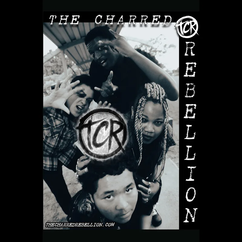 The Charred Rebellion gig poster — black-and-white band photo with the TCR seal
